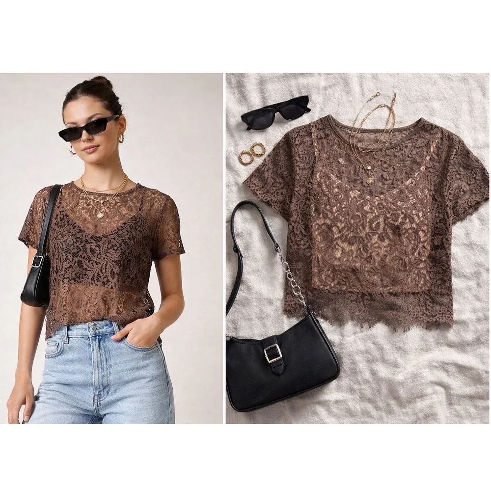 BKE Boutique Brown Lace Short Sleeve Sheer Top BTQM46071 Womens Large Boho Chic - Picture 4 of 9